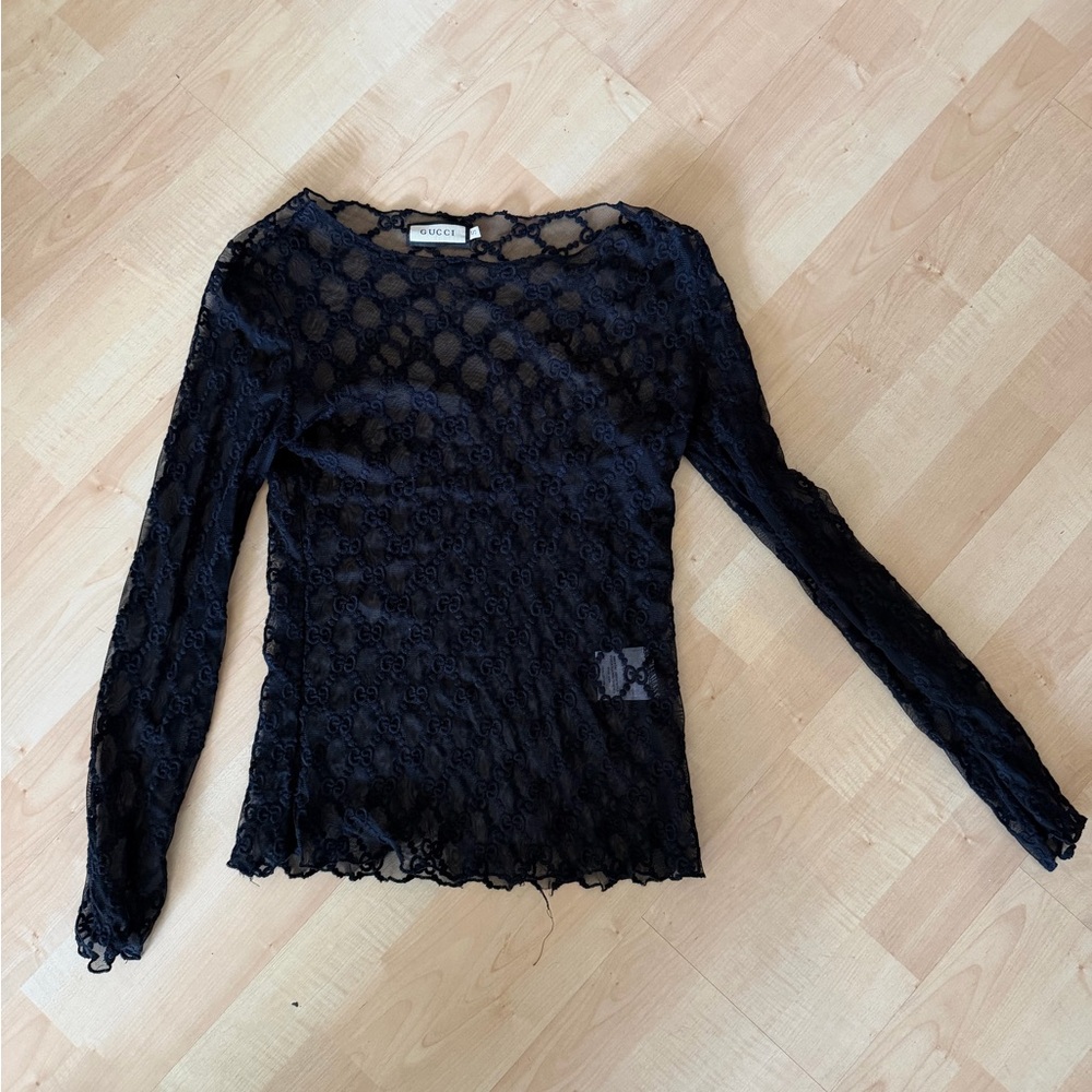 Gucci Black GG Monogram Lace Long Sleeve Top Size S